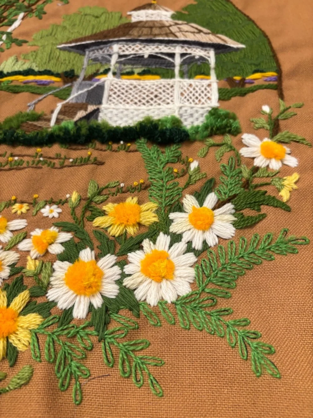 Vintage 1979 Sunset Designs Crewel Embroidery Gazebo Cottage Garden